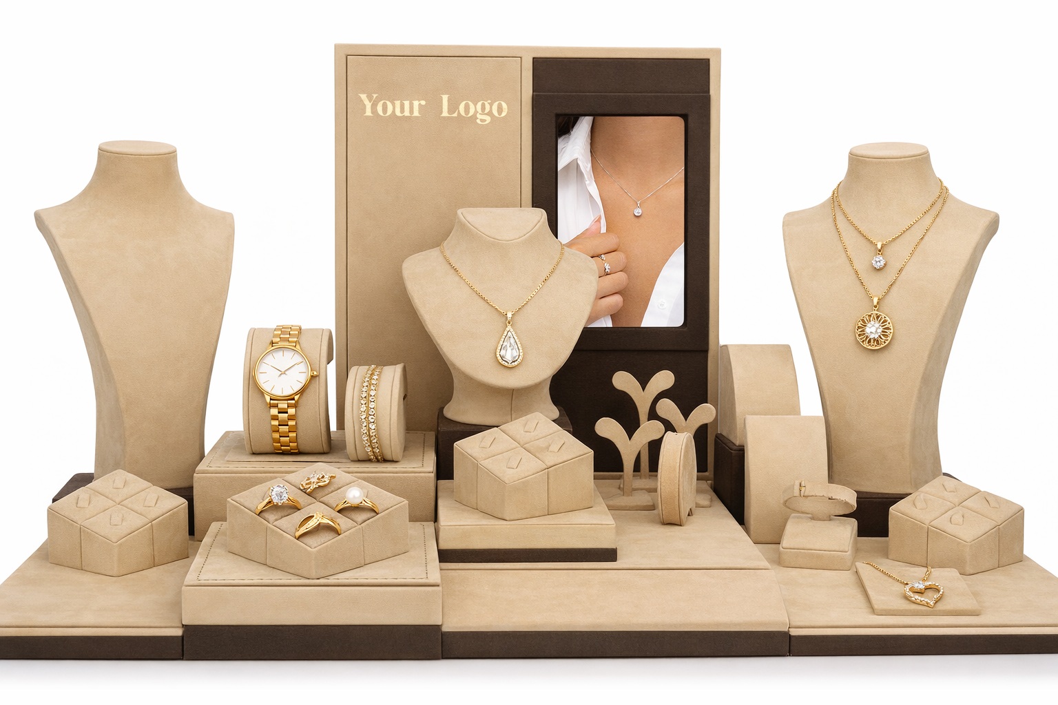 Brown and cream Multi-Earring 15-Piece Leatherette Jewelry Display Set